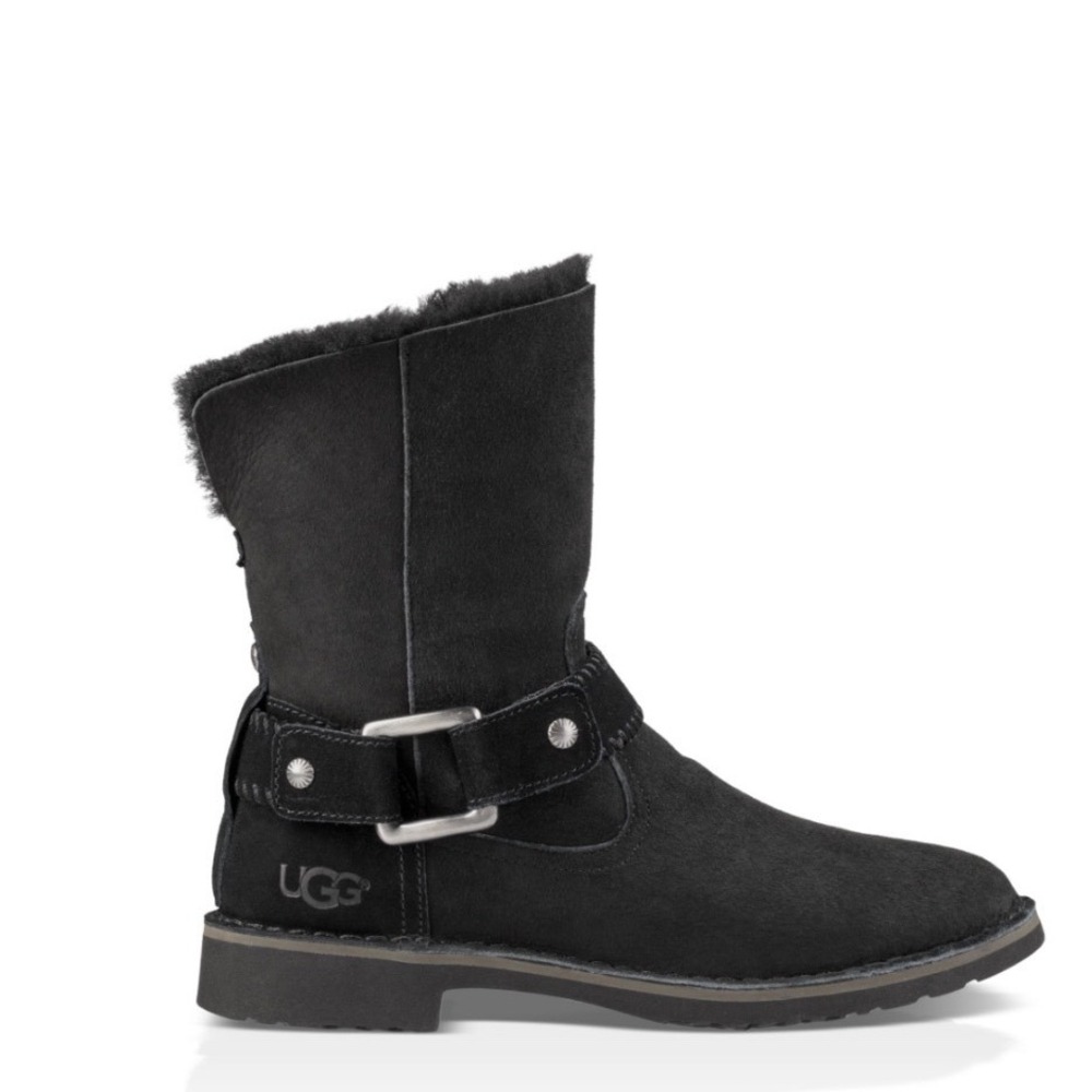UGG Black Suede Shearling Buckle Cedric Biker Boots Women's Size 10
